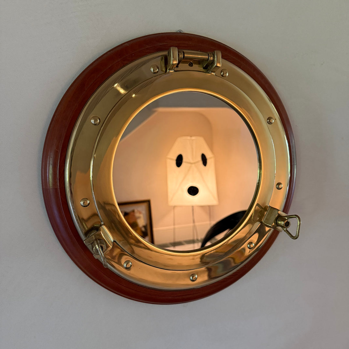 Solid Brass and Wood Porthole Mirror