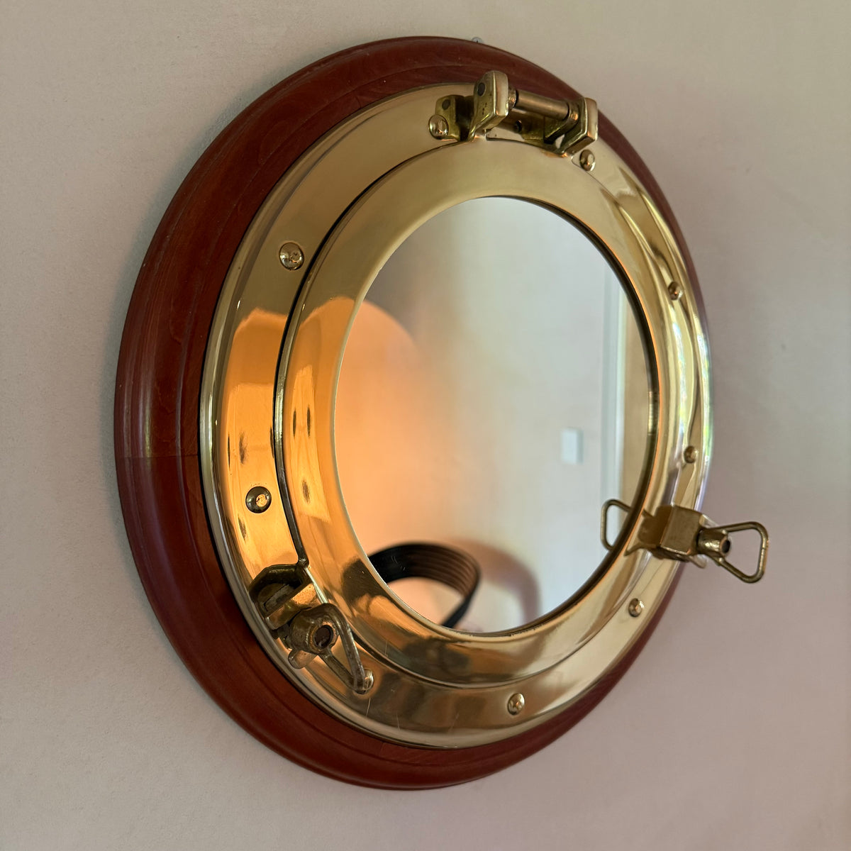 Solid Brass and Wood Porthole Mirror