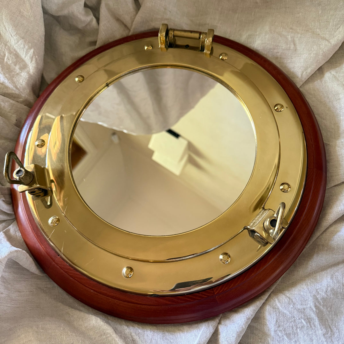 Solid Brass and Wood Porthole Mirror