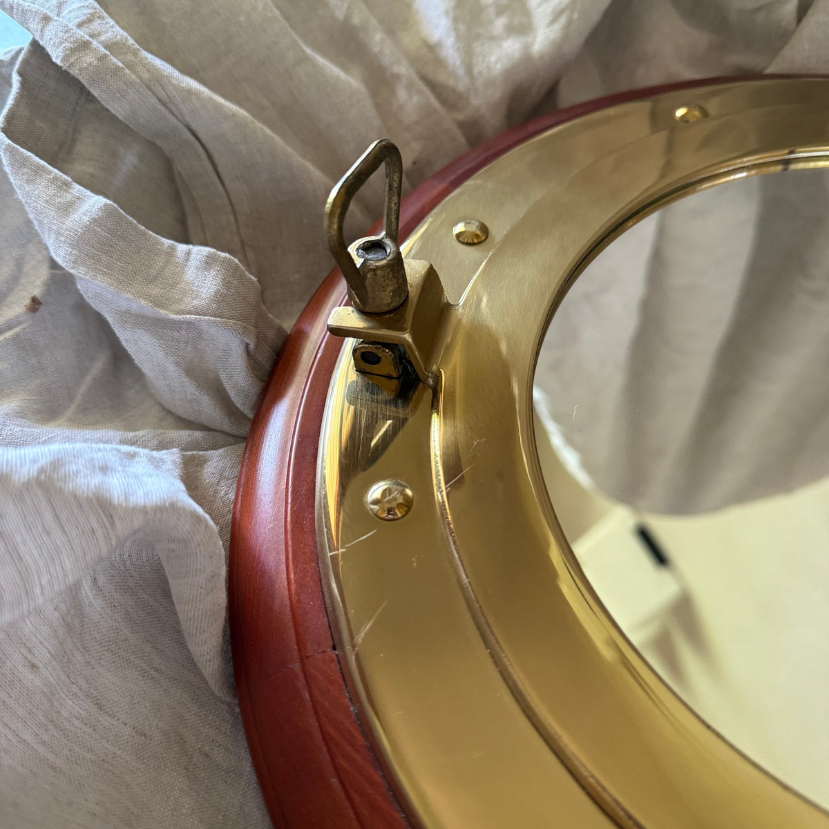 Solid Brass and Wood Porthole Mirror
